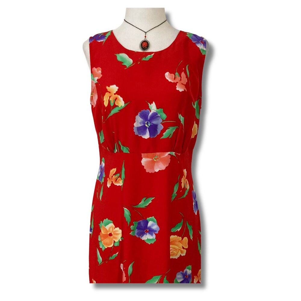 KATHIE LEE Red floral print long dress ~ Vintage SMALL MEDIUM maxi sundress - Picture 3 of 15